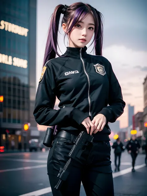 ((masterpiece)), ((best quality)), ((highres)), 1girl, solo, police officer, (matching pants, slacks), city backdrop, (holding a...