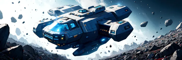 A shot of Zorax piloting his spaceship through an asteroid field, dodging rocks and debris.