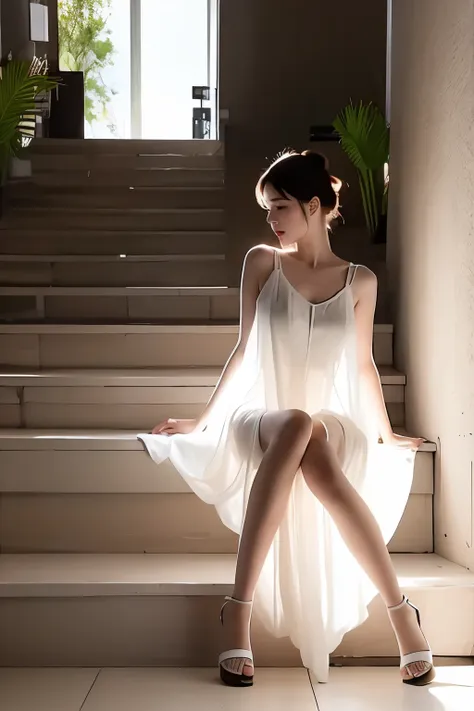 (masterpiece, best quality:1.2), 1girl, solo, delicate face, white-skinned female, see-through silhouette, white dress, full bod...