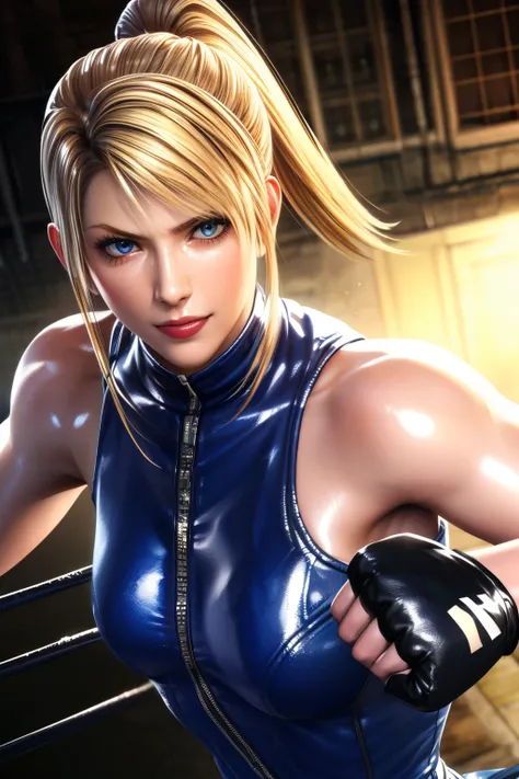 Sarah, angle view(1.5), (off-shoulders:1.3), (full bodysuit:1.1), (bare arms:1.4), (fighting pose:1.7), (short fingerless gloves:1.5), (closed fist:1.5), ((high ponytail:1.1)), (medium chest:1.3), (big arms:1.25), (free flowing hair:1.1), blonde hair, lon...