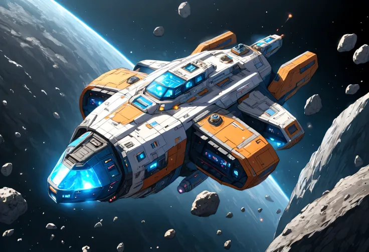 A shot of Zorax piloting his (spaceship) through an asteroid field.