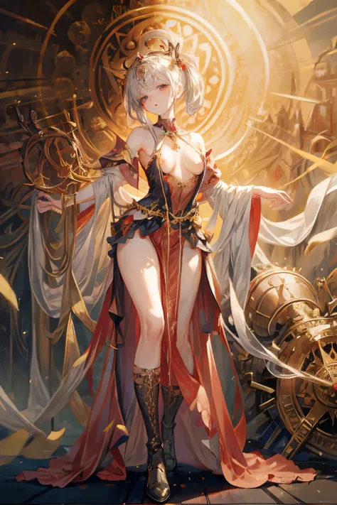  ((best quality)), ((masterpiece)), (detailed), 1girl, Character design, NSFW, scholarly  female, scholar, female scholar, educator, teacher, fortune teller, holding a large bell, carrying a large bell, ringing a large bell, bell,astrology, astrological sy...