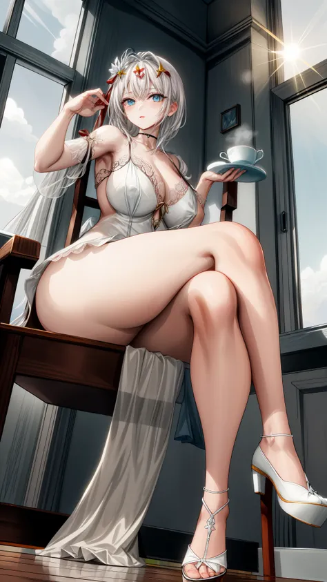 

(1girl), (masterpiece), (best quality), ((looking at the viewer)), ((full body)),((facing the viewer)), ((dress that shows off her figure)), ((White hair)), (((sitting on chair with legs crossed))), (((good anatomy)))

A stunningly beautiful young woman ...