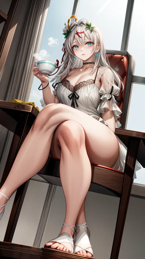 

(1girl), (masterpiece), (best quality), ((looking at the viewer)), ((full body)),((facing the viewer)), ((dress that shows off her figure)), ((White hair)), (((sitting on chair with legs crossed))), (((good anatomy)))

A stunningly beautiful young woman ...