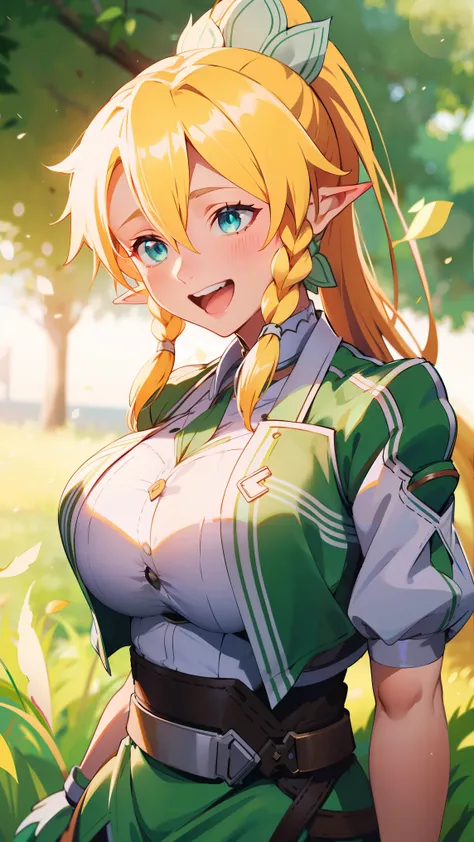 (((leafa))), blonde hair, long hair, green eyes, pointy ears,twin braids, hair between eyes,ponytail, very long hair,side braid,...