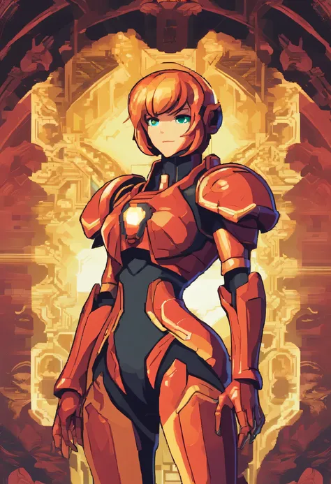 Imagine Samus Aran from the Metroid video game wearing a detailed armor inspired by the Knights of the Zodiac. This armor is colorful and ornate, with golden details and elements representative of the knights. Samus is in a heroic pose, with her hand raise...