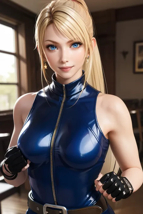 Sarah, blue eyes, very long hair, (shiny skin:1.2), (skinny girl:1.5), blonde hair, high ponytail, floating hair, bodysuit, Shoulders exposed, (arms exposed:1.2), (medium breasts:1.3), (pushed up breasts:0.4), (curvy figure:0.7), (hands behind back:1.4), (...