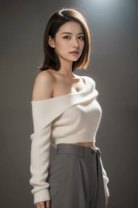 asian lady, She is wearing a soft white sweater relaxed neckline that casually ((drapes off one shoulder)), exposing slender shoulders with black bra trap, highlighted by the rays of light creating a radiant effect on her skin. , mid-shot , light rays, war...