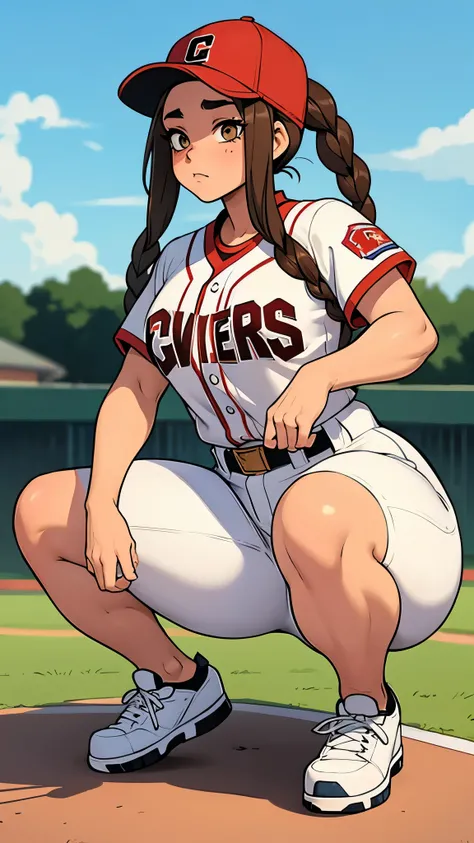 Baseball player, catchet, White uniform, baseball cap, brown braids hair, curvy, thin waist, squatting position 