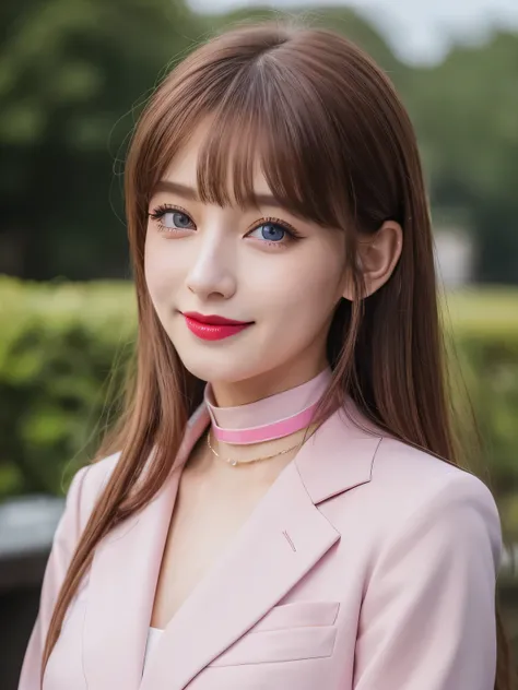 (Highest quality, 8K, Tabletop, Ultra HD: 1.3), Pastel pink business suit, 20-year-old、Bans、smile, Black choker, Blue Eyes, Red lipstick, Very long eyelashes, Big breasts family, noble, bangs, Straight long hair with brown hair, President&#39;s office, ((F...