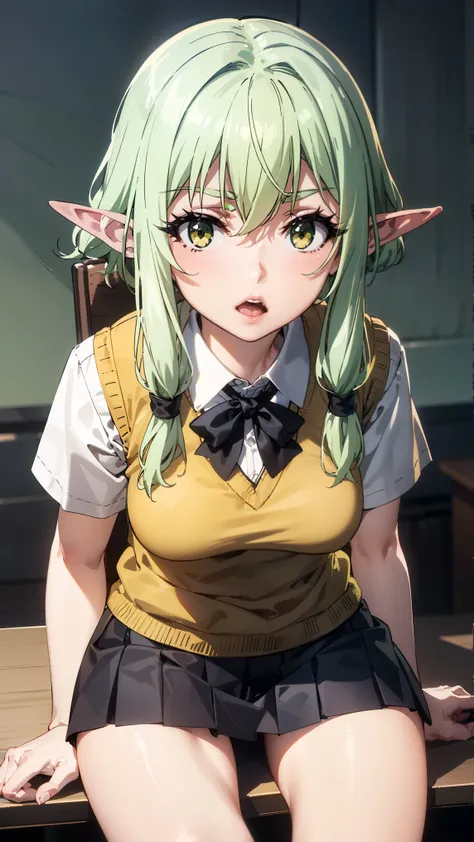 1girl, highelfarcher, high elf archer, elf, (green eyes:1.5), (green hair:1.2), hair between eyes, long hair, pointy ears, sidel...