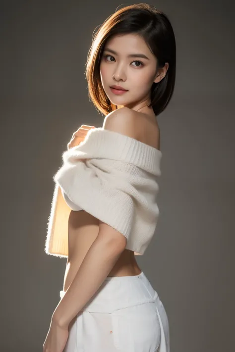 asian lady, She is wearing a soft white sweater relaxed neckline that casually ((drapes off one shoulder)), exposing slender shoulders with black bra trap, highlighted by the rays of light creating a radiant effect on her skin. , mid-shot , light rays, war...