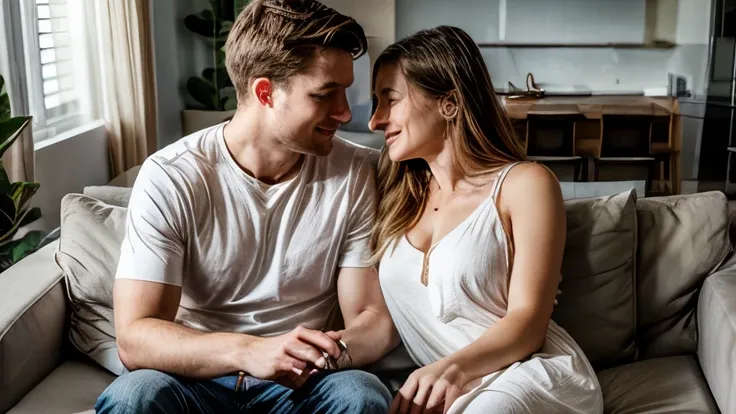 white couple is in a living room setting, talking close