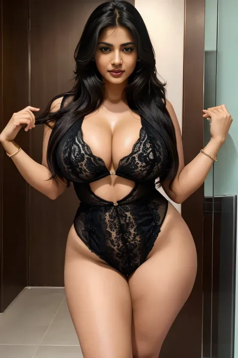 face mix of Salman khan and Shahrukh Khan, as a 21 years old girl, wearing 1 piece dress, wearing 1 piece, hot outfit,  cleavage , big breast, plus size model, beautiful face, long black hair, confident princess look from Kamasutra, sexy curve, sexy look, ...