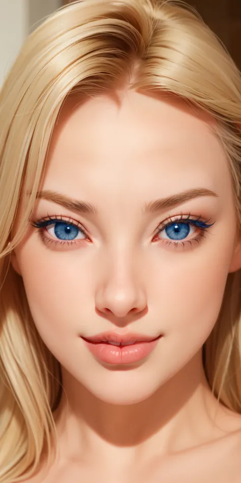 Detailed woman face looking at camera., Blue eyes, hot thick red lips, mouth open sensually, correct deformed fingers, photorealistic, sharp eyes, (((eyes to the camera))) slightly smiling, blonder hair