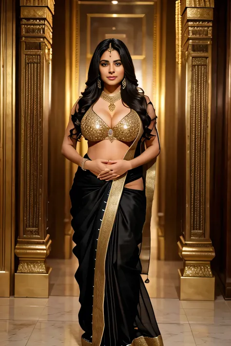 face mix of Salman khan and Shahrukh Khan, as a 21 years 9 months pregnant old girl, wearing saree, wearing bridal saree, her forehead with sindoor, hot outfit, hot revealing bikini, cleavage , big breast, plus size model, beautiful face, long black hair, ...