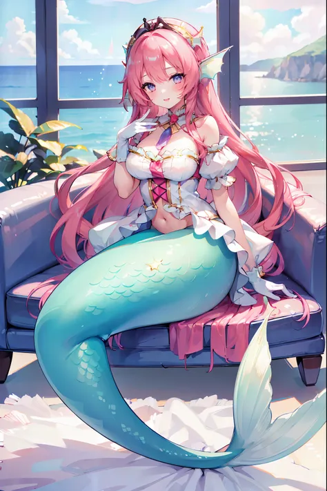 (masterpiece, best quality),a young girl,(exquisite eyes),large breasts,mermaid,head fin,long hair,headdress,swimsuit,silky hair...