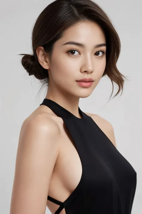 Create a (( mid-shot )) photorealistic image of a beautiful Asian woman with fair, smooth, flawless skin. She has large, round, sparkling eyes with naturally long and curled eyelashes, and well-defined, dark eyebrows. Her nose is straight and high, and her...