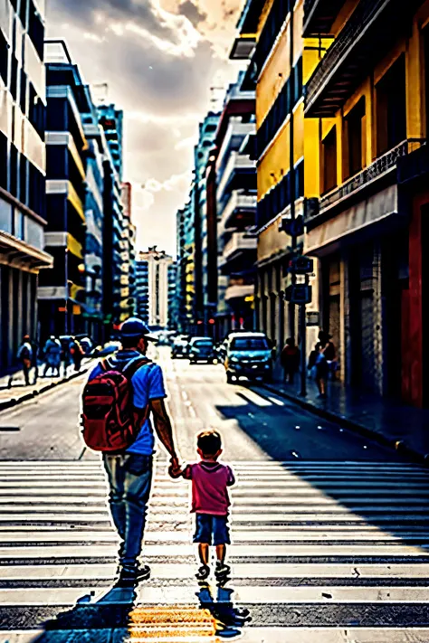 a father with his 4 year old son crossing the crosswalk in a city in brazil, warm lighting, realistic city street background,