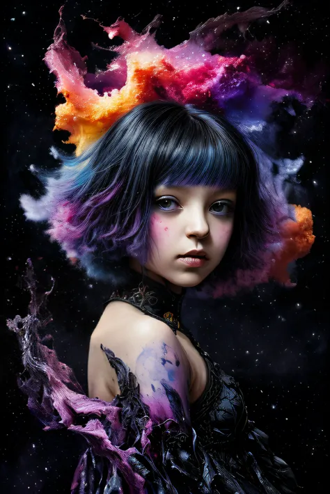 [Young 1girl, Cute Black Chaos Bob To The Wind, baroque:20]:BG[Nebula IC434] (Art by Slawomir-Maniak), Lush watercolor palette canvas/acrylic, Intricate, Extreme detailing, Complex key, ((Single Shot)), ((Best Quality)), ((Masterpiece)) , ( (Realistic)), (...