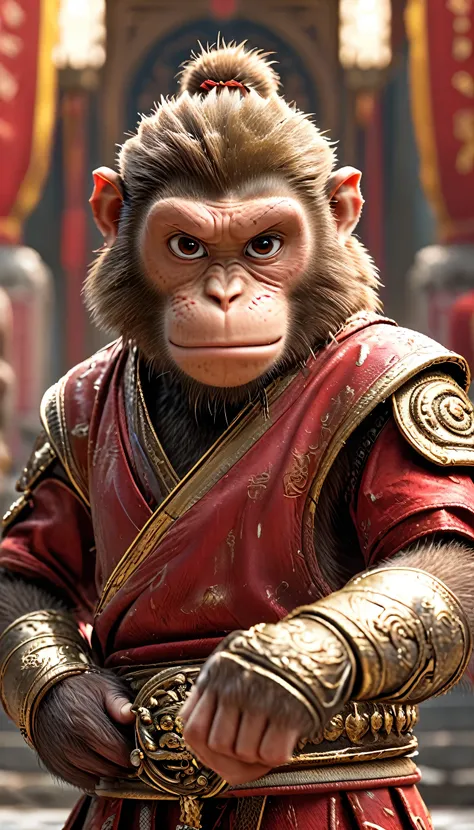 Close-up shot of a monkey, Monkey Martial Artist,whole body, Lightning-charged Fist, Wearing martial arts uniform, Chinese Shaolin Temple Background, High resolution, masterpiece, Highest quality, Super detailed, Super detailed, Ultra-realistic,
 Hong Kong...