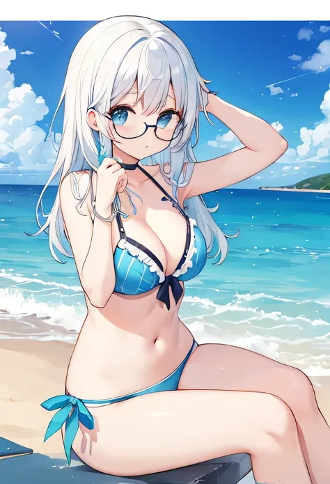 Ocean、Glasses、cute、cool、white hair、、Sitting on the desk、frontを向いてる、Crossing your legs、Low - Angle、front、bikini