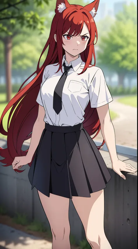 1girl ,20s,angry face,white shirt,short sleeves,(black standard tie),white school skirt,(red hair),long hair,fox ears,cowboy shot,forest