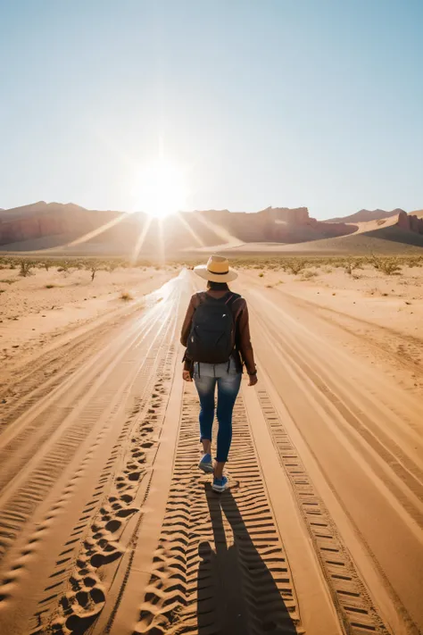 human going, Back, sun ,  desert


