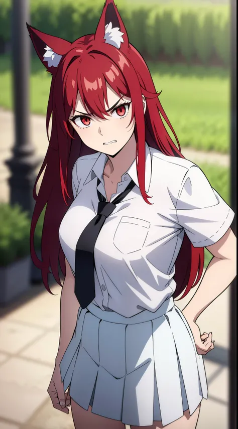 1girl ,20s,angry face,white shirt,short sleeves,(black standard tie),white school skirt,(red hair),long hair,fox ears,cowboy shot,forest