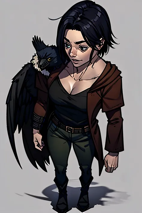 i want a human character, with raven on shoulder and black medieval clothes,in a hunting position, with a look of looking for so...