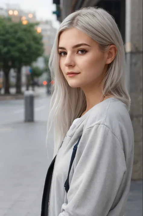 young woman,silver hair,in the middle of the city