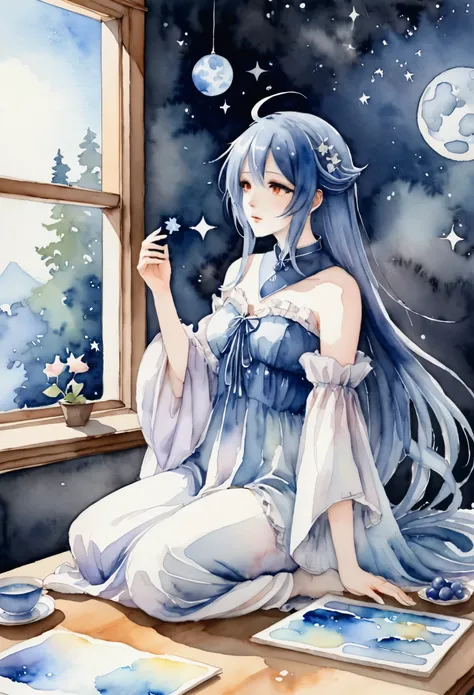 (Tabletop, Highest qualityの, Highest quality, Official Art, (beautifully、aesthetic:1.4), (Watercolor:1.4) ), (Tsukuyomi:1.5), 日本god話のgod様々々, Fleeting beauty, 星空に照らされるgod秘的な存在, god'Grace, Calm and contemplative expression, Flowing Heavenly Robe, A dazz...