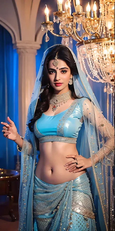 a close up of a woman in a blue dress standing in front of a chandelier, intricate sparkling atmosphere, movie screen shot, beautiful lighting effects, still shot from movie, stunning cinematography, shot from movie, beaded curtains, movie filmstill, still...