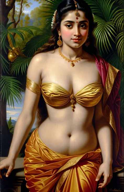 Looks like Jannat Zubair, Beautiful Indian Woman, wearing saree, sari Beauty, gorgeous, curvy, sexy navel folds, Apsara, Maharani, royal queen woman, nymph from Hindu Mythology, Urvashi, matchless beauty, Highly detailed, Oil Painting by Peter Paul Rubens ...