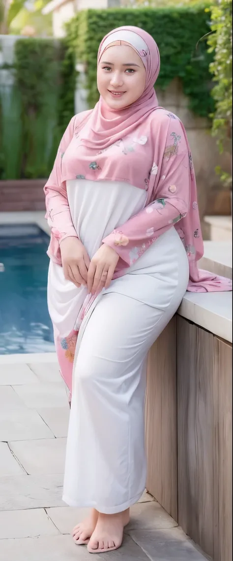 Beautiful, cute baby Face, 21 Years old indonesian girl, ((wearing hijab)) and full naked, Rounded medium Breast, slightly chubby, open breast, nipple, nude, perfect pussy, slightly Chubby , luxury necklace, White Skin, Smiling, flower garden Background, d...