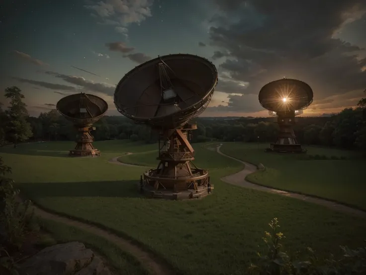 exterior landscape, lush and green German forest, there are large high-tech satellite dishes placed, beautiful sunset, beautiful sky, 4k, ultra detailed image, realistic, very detailed, perfect composition, splendid, intricately detailed, incredibly detail...