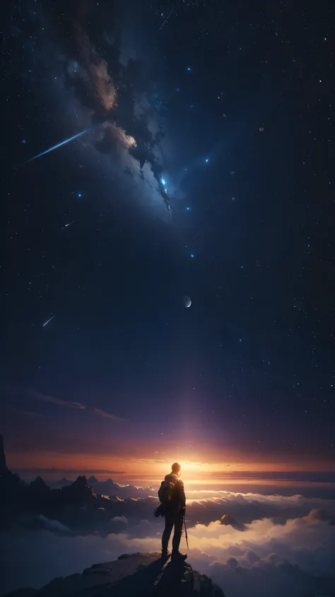 (highly detailed cg unity 8k wallpaper), a man looking up at the night sky, the most beautiful space art panorama, sf universe s...