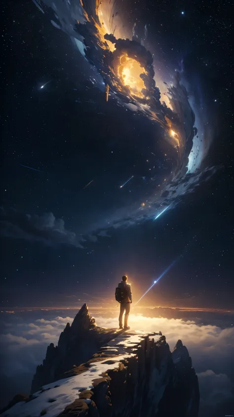 (highly detailed cg unity 8k wallpaper), a man looking up at the night sky, the most beautiful space art panorama, sf universe s...