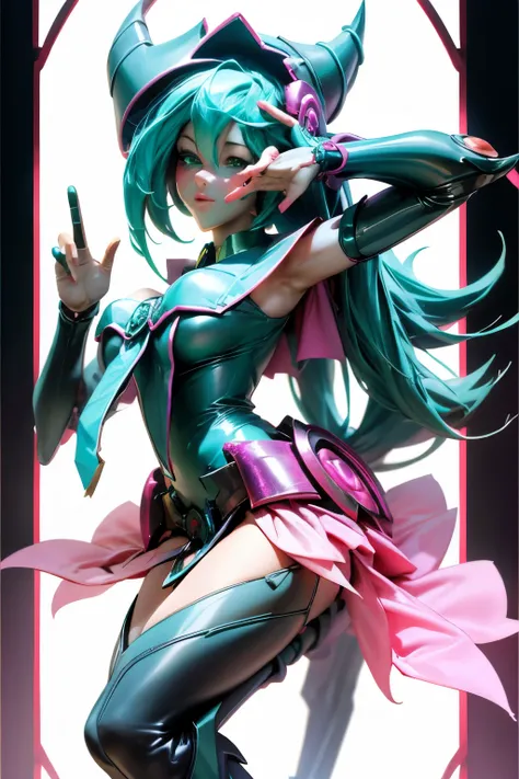 Hatsune Miku disguised as dark magician gils. Pose sexy y sensual. big boobs. dark magician gils costume 