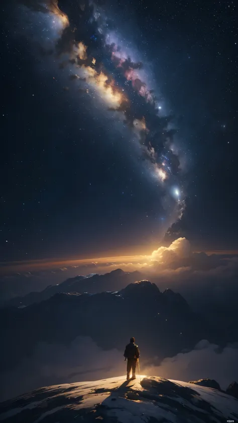 (highly detailed cg unity 8k wallpaper), a man looking up at the night sky, the most beautiful space art panorama, sf universe s...