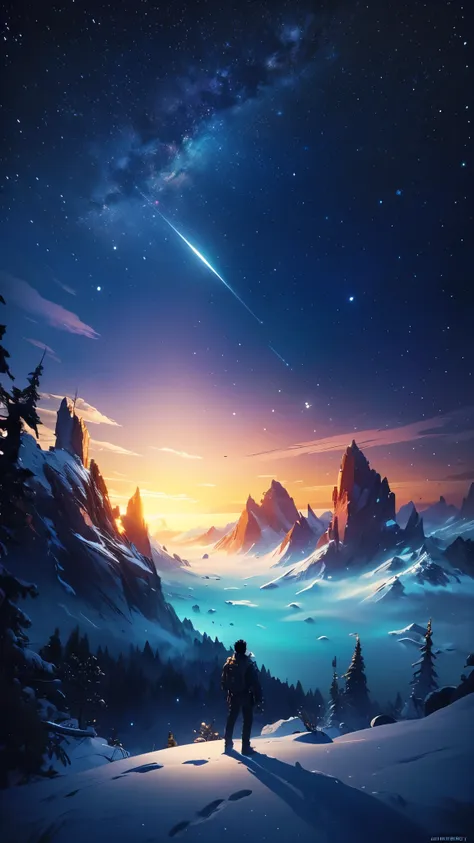 (highly detailed cg unity 8k wallpaper), a man looking up at the night sky, the most beautiful space art panorama, sf universe s...