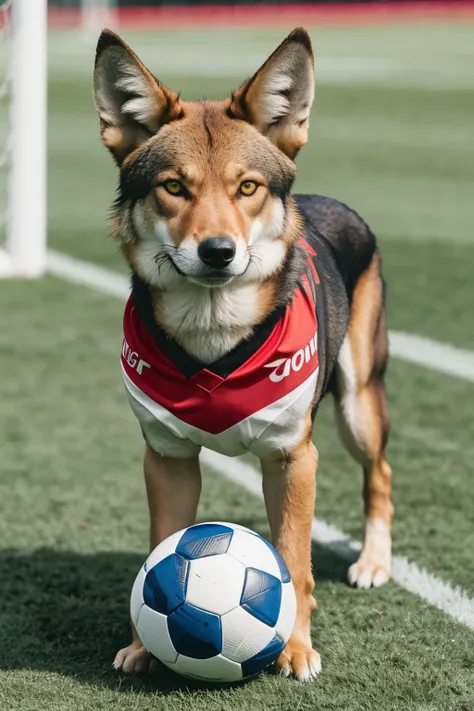 please create a red wolf with soccer sportswear in different images 