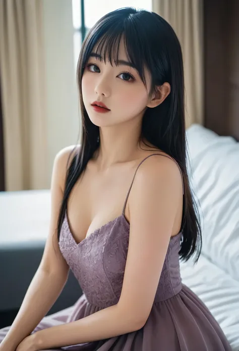 a girl，cute and pretty face，Long straight black hair，Long bangs covering eyes，long eyelashes，((Fine eyes))，small eyes，(half-closed eyes)，(Dark lipstick)，(Dark eyeshadow)，Slim body，(Large breasts)，Slender limbs，spaghetti strap dress，Inside a hotel room，clea...