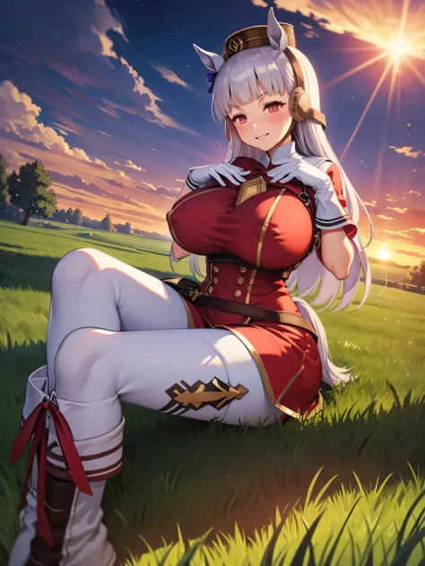 (masterpiece, Highest quality:1.2), alone, One girl, umpd gold ship, pillbox hat,Red dress,No sleeve, White Pantyhose, White gloves、boots, Horse tail,、grassland、Nature、blush、LOL、Wow smile、summer、Sunset、(Huge breasts:1.2)、Nipples are visible、Clothes are see...