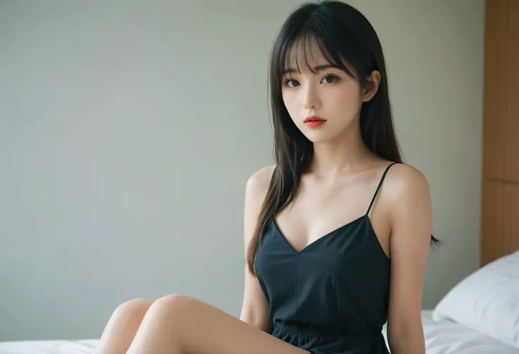 a girl，cute and pretty face，Long straight black hair，Long bangs covering eyes，long eyelashes，((Fine eyes))，small eyes，(half-closed eyes)，(Dark lipstick)，(Dark eyeshadow)，Slim body，(Large breasts)，Slender limbs，spaghetti strap dress，Inside a hotel room，clea...