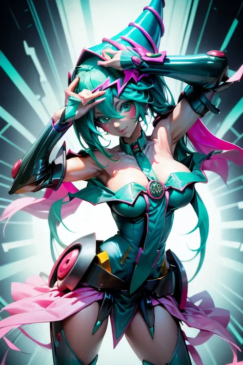 Hatsune Miku disguised as dark magician gils. Pose sexy y sensual. big boobs. dark magician gils costume 