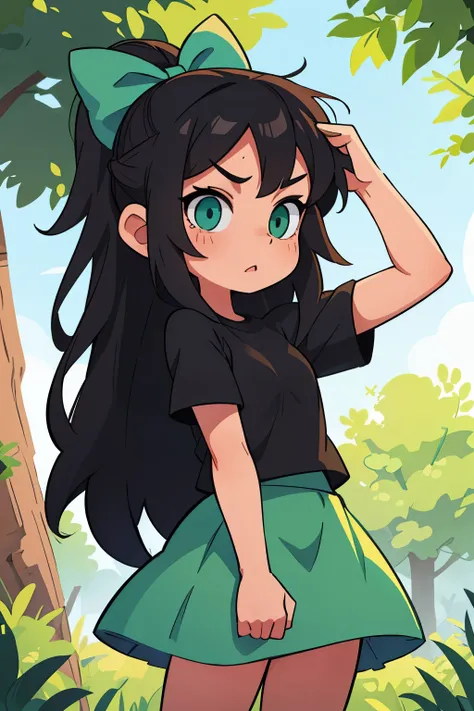 The Girl with the Greens, long hair, birch shirt, black t-shirt and skirt, green eyes, turquoise bow on hair