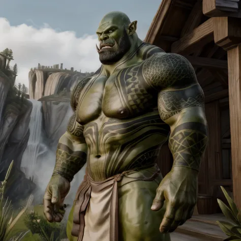 ultra realistic, unreal engine 5, handsome, mature male, orc, green skin, warcraft, loincloth,