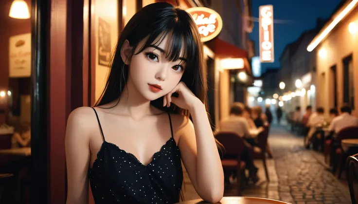 a girl,Cute and beautiful face,Long straight black hair,Long bangs cover the eyes,Long eyelashes,(beautiful eyes),Small Eyes,(Half closed eyes),(Dark lipstick),(Dark eyeshadow),slim,Medium breasts,Slender limbs,spaghetti strap dress,Outside old town cafe,n...