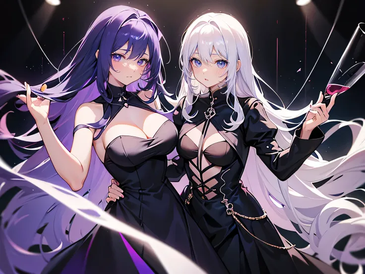 Two women a woman with long white hair a little wavy bright blue eyes wearing a sexy black dress with a glass of wine in her hand next to her a woman with long dark purple hair bright purple eyes wearing a sexy black dress with a glass of wine in hand both...